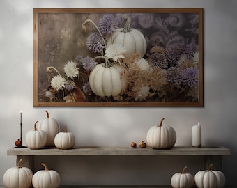Autumn White Pumpkin with Purple Lilac Flowers: Digital Art for The Frame TV - Rustic Farmhouse Neutral Decor