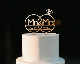 Mr & Mrs Cake Topper for Wedding, Personalized Acrylic Cake Topper, Custom Wooden Cake Topper, Gold Mr and Mrs Cake Topper with Date, Rings