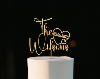 Personalized Wedding Cake Topper: Custom Acrylic or Oak, Heart & Date