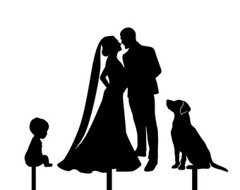 Bride Groom Toddler and Dog Silhouette Cake topper for Wedding Cake