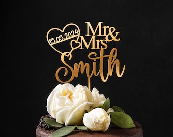 Wedding Cake Topper, Personalized Acrylic Cake Topper, Custom Mr and Mrs Topper with Date and Heart, Rustic Wedding Cake Topper, Mr & Mrs