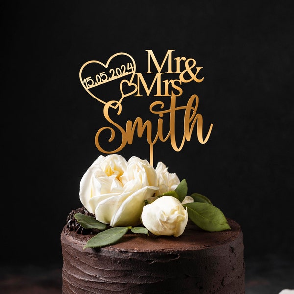 Hochzeitstorte Topper, personalisierte Acryl Cake Topper, benutzerdefinierte Mr und Mrs Topper mit Datum und Herz, rustikale Hochzeitstorte Topper, Mr & Mrs