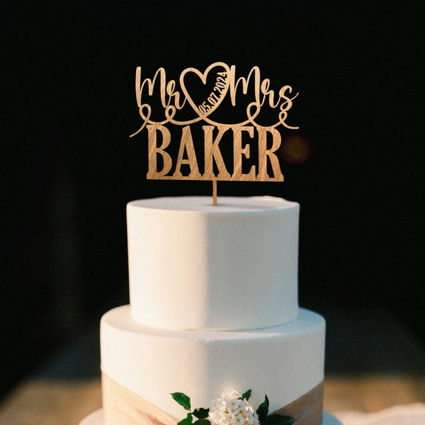 Décoration de gâteau de mariage, décoration de gâteau personnalisée pour M. et Mme, décoration de gâteau en acrylique, décoration de gâteau de mariage rustique en bois, coeur avec date