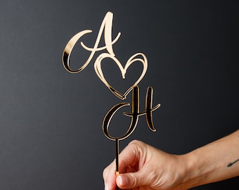 Cake topper for Wedding, Initials Cake topper with Heart, Anniversary cake decor, Gold Cake topper, Engagement Cake topper