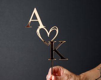 Wedding Cake topper, Initials Cake topper with Heart, Anniversary cake decor, Gold Cake topper, Engagement Cake topper