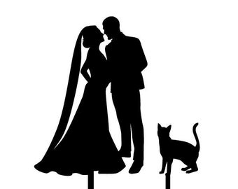Bride Groom and Cat Silhouette Cake topper for Wedding Cake
