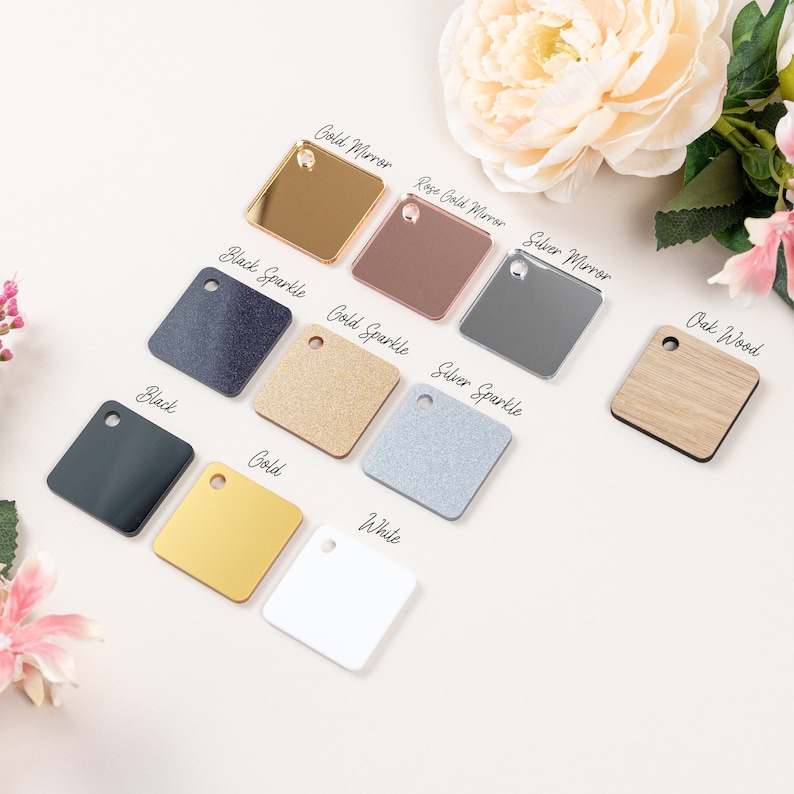 May include: A variety of 10 different square acrylic samples, including gold mirror, rose gold mirror, silver mirror, black sparkle, gold sparkle, silver sparkle, black, gold, white, and oak wood.