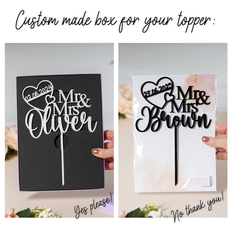 May include: A black and white wedding cake topper with a heart and the text "Mr & Mrs Oliver" and the date "02.08.2024". The topper is in a black box with a purple ribbon and the text "Yes please!" on the box. The topper is also shown in a clear plastic bag with the text "No thank you!" on the bag.