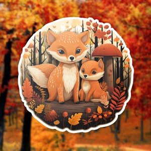 Foxes in Fall Vinyl Sticker, Cute Fox Decal, Autumn Forest Decoration, Water bottle Sticker, Gift for Nature Enthusiasts