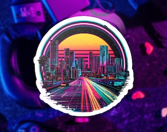 Synthwave Sunset Vinyl Sticker: Retro Miami Skyline - Laptop Decal