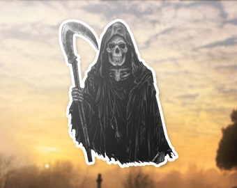 May include: A black and white illustration of the Grim Reaper, a skeletal figure in a hooded robe, holding a scythe. The background is a blurry image of a sunset.