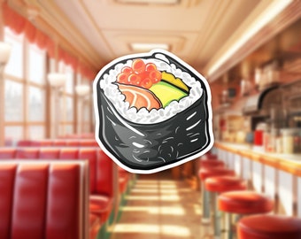 May include: A cartoon illustration of a sushi roll with avocado, salmon, and red fish eggs. The sushi is wrapped in black seaweed and has white rice inside.