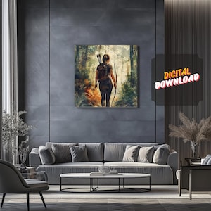 May include: A digital painting of a woman walking through a forest. She is wearing a brown leather jacket and carrying a bow and arrow. The forest is lush and green, with sunlight streaming through the trees.