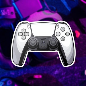 May include: A white and black PlayStation 5 DualSense wireless controller with a black PlayStation logo on the front. The controller is isolated against a blurred purple and blue background.