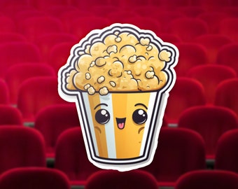 May include: A cartoon illustration of a yellow popcorn bucket with a smiling face and big eyes. The bucket is filled with popcorn and is set against a red background of movie theater seats.