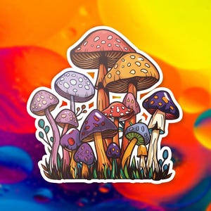 Retro Mushrooms Vinyl Sticker, Bohemian Style Decal, 70s Inspired Laptop Sticker, Groovy Fungi Decor, Water Bottle Sticker