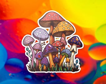Retro Mushrooms Vinyl Sticker, Bohemian Style Decal, 70s Inspired Laptop Sticker, Groovy Fungi Decor, Water Bottle Sticker