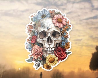 Skull Floral Vinyl Sticker, Flower Skull Decal, Gothic Laptop Sticker, Macbook Decal, Floral Skull Art