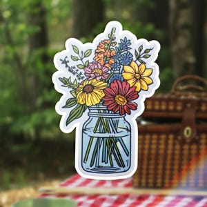 Rustic Mason Jar Flowers Sticker, Floral Vinyl Decal, Flower Bouquet Sticker, Nature Sticker, Farmhouse Decor, Gardening Sticker