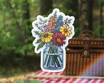 Rustic Mason Jar Flowers Sticker, Floral Vinyl Decal, Flower Bouquet Sticker, Nature Sticker, Farmhouse Decor, Gardening Sticker
