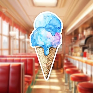 Watercolor Ice Cream Cone Sticker, Vinyl Decal for Laptop, Water Bottle, Journal, Cute Dessert Sticker Gift