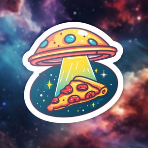 Pegatina de pizza OVNI, calcomanía de pizza extraterrestre, regalo gastronómico extraterrestre, pegatina de nave espacial para portátil, pegatina de vinilo OVNI adorable