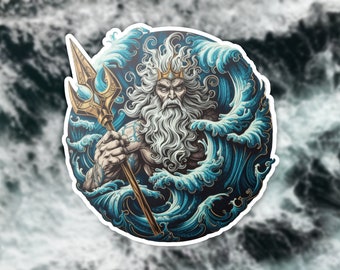 Poseidon Sea God Sticker, Mythological Vinyl Decal, Oceanic Laptop Sticker, Greek Mythology Decor