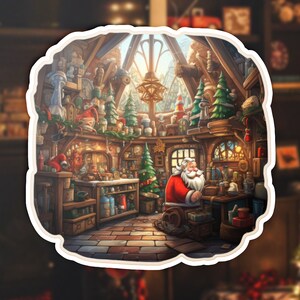 May include: A Santa Claus figure is working at a workbench in a workshop filled with toys and tools. The workshop has a large window with a view of a snowy landscape. The Santa Claus figure is wearing a red suit with white trim and a white beard. He is holding a hammer in his right hand and a piece of wood in his left hand.