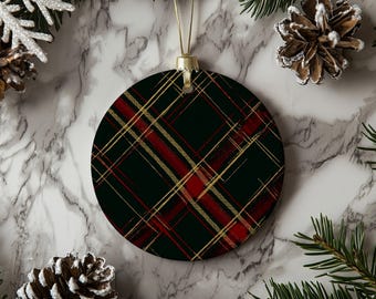 Plaid Ceramic Christmas Ornament | Black, Red & Gold Holiday Decor | Red, Black and Gold Festive Plaid |  Christmas Tree Decoration