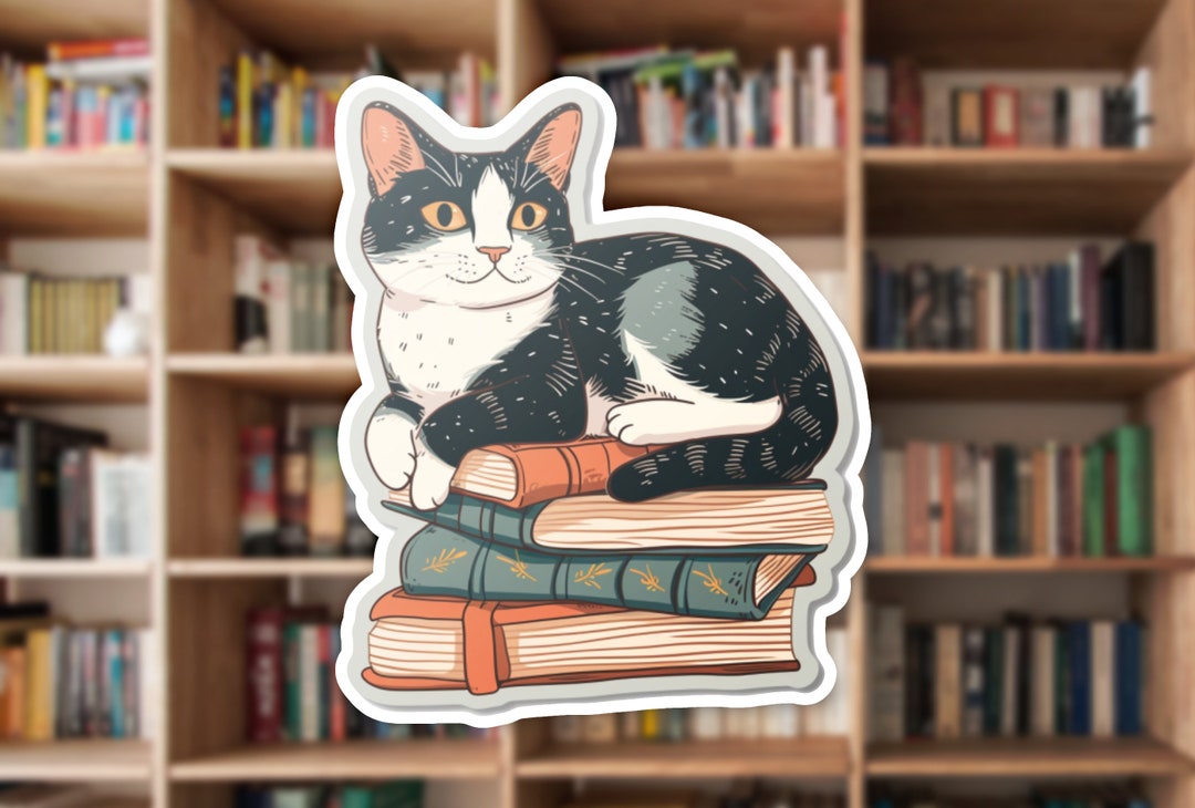 Cute Cat on Books Sticker, Vinyl Decal, Laptop Sticker, Planner Sticker ...