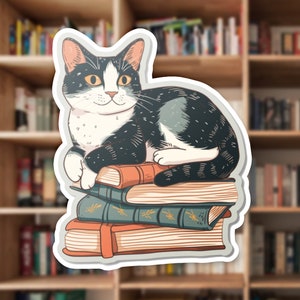 Cute Cat on Books Sticker, Vinyl Decal, Laptop Sticker, Planner Sticker, Cat Lover Gift, Book Lover Gift