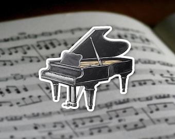 May include: A black and white illustration of a grand piano on a sheet of music.