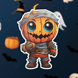 Cute Halloween Pumpkin Mummy Vinyl Sticker, Halloween Decor, Laptop Decal, Pumpkin Sticker, Spooky Gift