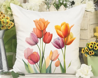 Spring Floral Pillow, Spring Colorful Tulip Flowers, Botanical Floral Cushion cover, Boho Garden PIllow Case Farmhouse Rustic Decor