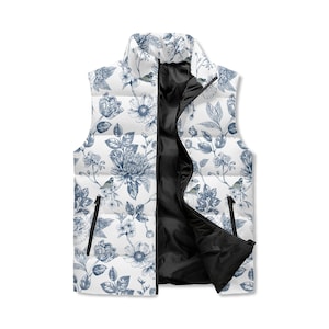 Chinoiserie All Over Printing Stand Collar Zip Up Puffer Vest, Stylish Puffer Vest Gift For Women