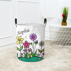 Personalisierter Wäschekorb Ästhetischer Korb, Benutzerdefinierte Wäscheorganisatortasche mit Griff, Blumendeckenkorb Runder Gewebeorganisatorbehälter