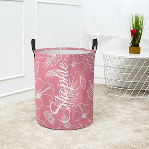 Personalisierter niedlicher rosa Damen Wäschekorb Boho Wäschekorb Organizer Bag mit Griff, Benutzerdefinierter Deckenkorb Runder Organizer Bin