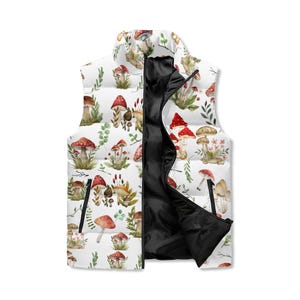 Mushroom Motif All Over Printing Stand Collar Zip Up Women Puffer Vest, Cottagecore Puffer Vest Gift For Women