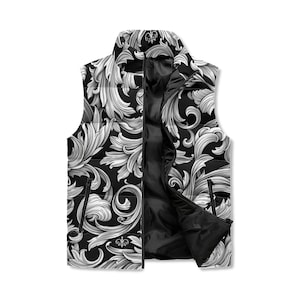 Barroco All Over Printing Stand Collar Zip Up Puffer Vest, Stylish Puffer Vest Gift For Women
