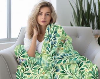 Cottagecore Floral Throw Blanket: Green Boho Velveteen Plush