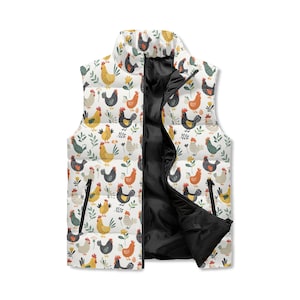 Womens Puffer Vest Chicken Lovers Jacket, Farm  Puffer Vest a Winter Puffy Coat Sleeveless Zip Up Jacket Farm Gift For Women