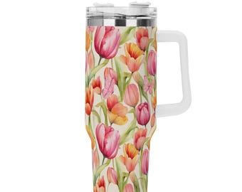 Floral 40oz Tumbler with Handle & Straw: Insulated Stainless Steel Travel Mug