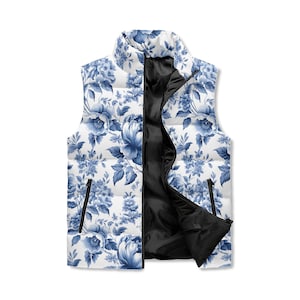 Floral French Blue Puffer Vest for Women. Toile Blue Sleeveless Jacket for Her