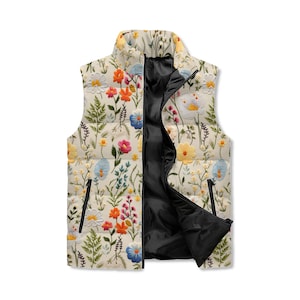 Floral Women Puffer Vest, Exclusive Faux Embroidery Sleeveless Coat. Gift for Floral Women, Sleeveless Jacket for Women