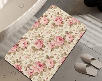 Pink Floral Roses Bathroom Rug Set: Non-Slip Flannel Bath Mats
