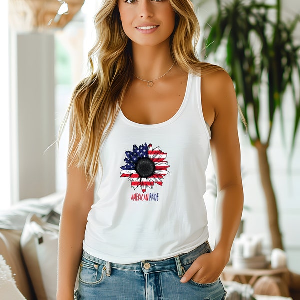 America Sunflower Tank Top, USA Flag Flower Top, Gift For American, 4th Of July Flag Graphic Freedom Independence Ladies Shirt