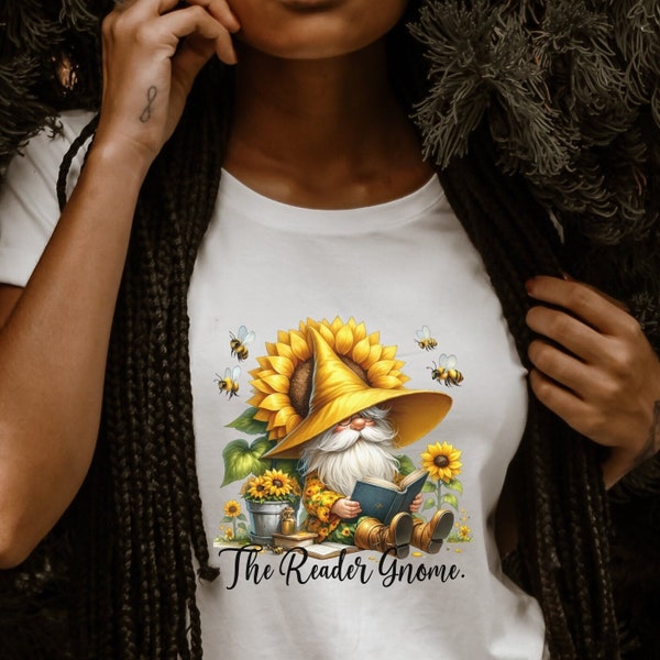 Sunflower Gnome T-Shirt, The Reader Gnome, Watercolor Bookworm Delight Tee  Readers Book Lover Floral Shirt, Gift for Gnome Lovers