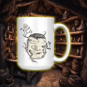 Shrunken Head Mug, witchcraft mug, wiccan mug, mystical mug, hex mug, white shrunken head mug, magical mug, magic mug, witchy gift