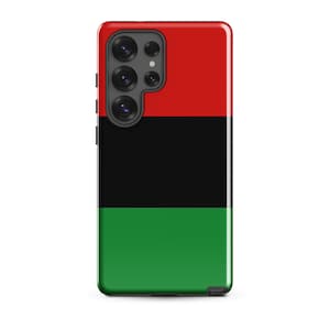 May include: A black phone case with a red, black, and green design. The case has a camera cutout on the back.