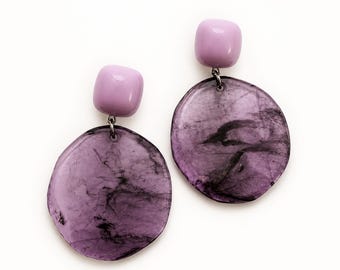 Purple Marble Statement Earrings, Lightweight Acrylic Dangle, Modern Feminine Jewelry